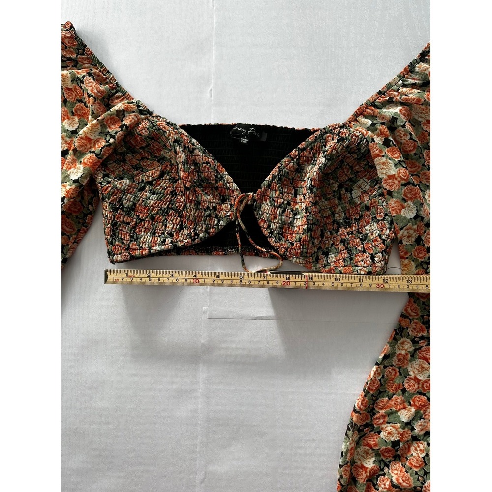 Emory Park Floral Smocked Crop Top Long Sleeve Tie Front Rose Print Large Summer - Picture 4 of 6